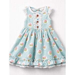 Swoon Baby blue with pink rose print ruffle hem twirl dress size 5